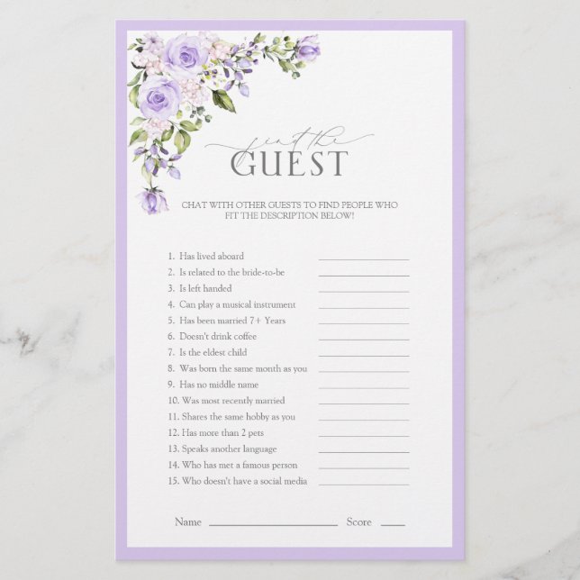 Elegant Lilac Lavender Floral Brautparty Game (Vorderseite)