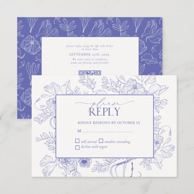 Elegant Lilac Lavender Floral Line Kunst Hochzeit RSVP Karte (Vorne/Hinten)