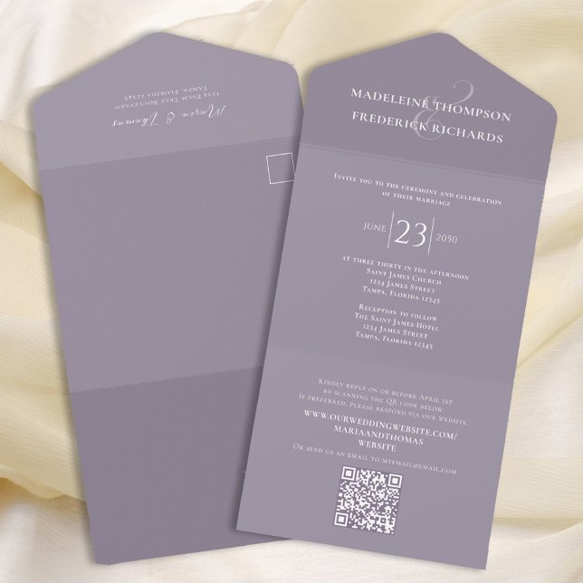Elegant Lilac Lavender Modern UAWG All In One Einladung (Elegant lilac and lavender solid colored all in one wedding invitation. )