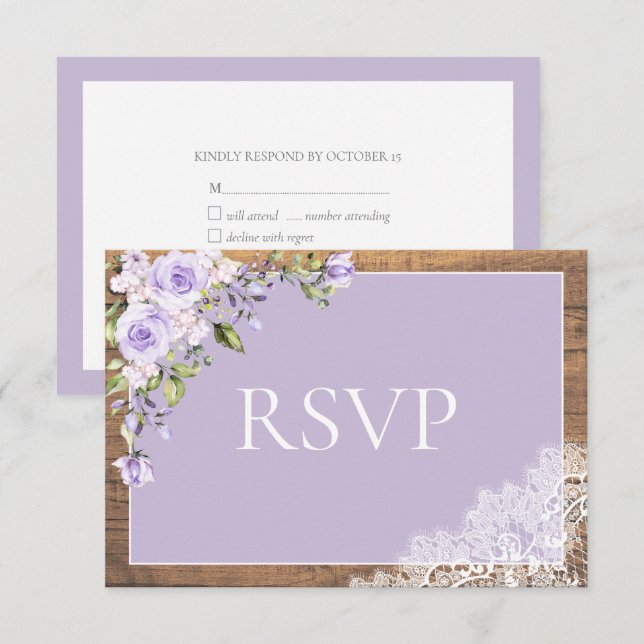 Elegant Lilac Lavender Rustic Lace Wedding RSVP Karte (Vorne/Hinten)
