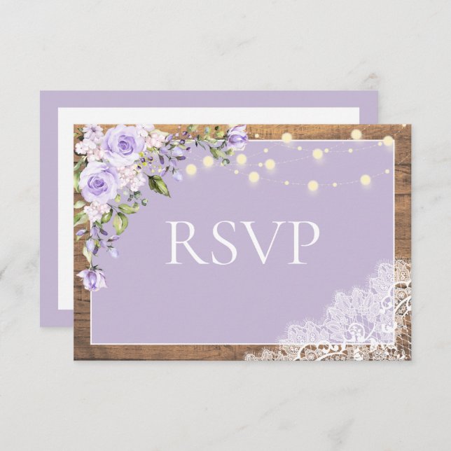 Elegant Lilac Lavender Rustic Wood Lace Hochzeit RSVP Karte (Vorne/Hinten)
