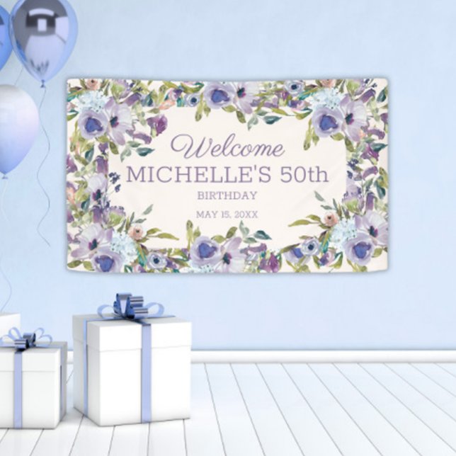 Elegant Lilac Lila Blumengrün 50. Geburtstag Banner (Dusty blue and purple watercolor floral 50th birthday party banner)