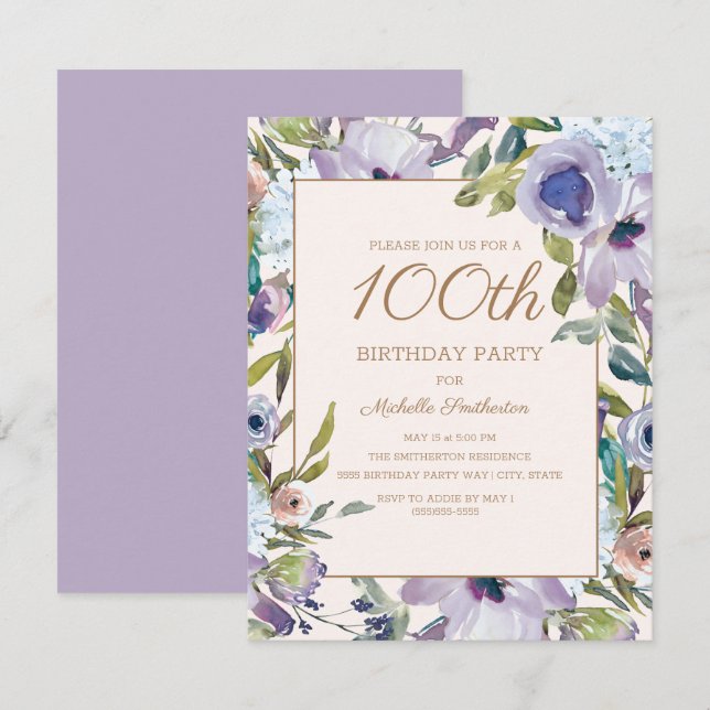 Elegant Lilac Lila Floral 100. Geburtstag Einladung (Vorne/Hinten)