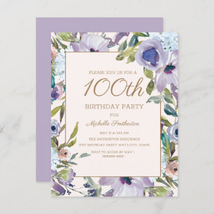 Elegant Lilac Lila Floral 100. Geburtstag Einladung