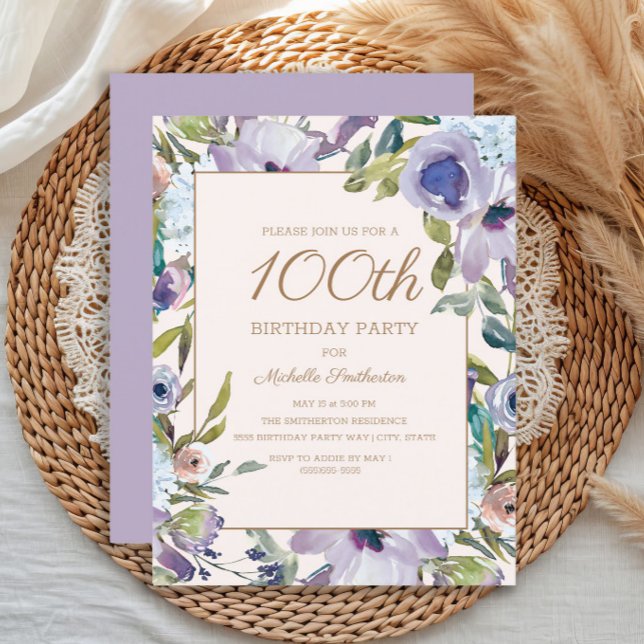 Elegant Lilac Lila Floral 100. Geburtstag Einladung (Elegant purple watercolor floral women's 100th birthday party invitation)