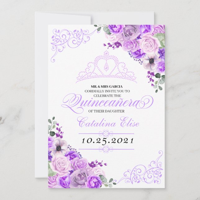 Elegant Lilac Lila Floral Quinceanera Geburtstag Einladung (Vorderseite)