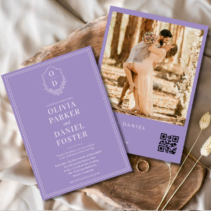 Elegant Lilac Lila Foto QR Code Wappen Hochzeit Einladung