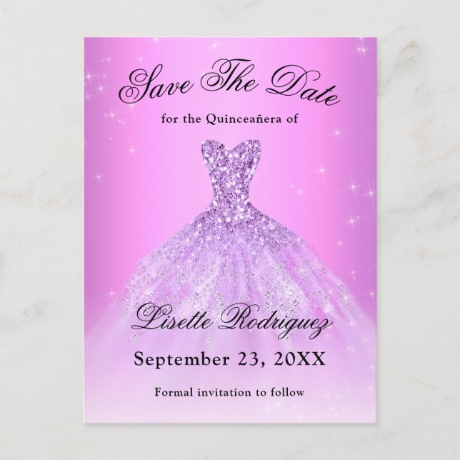 Elegant Lilac Lila Quinceanera Save the Date Postkarte (Vorderseite)