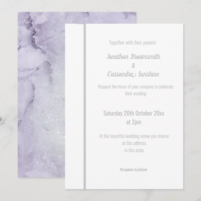 ELEGANT LILAC MARBLE SILVER WEDING INVITATION EINLADUNG (Vorne/Hinten)