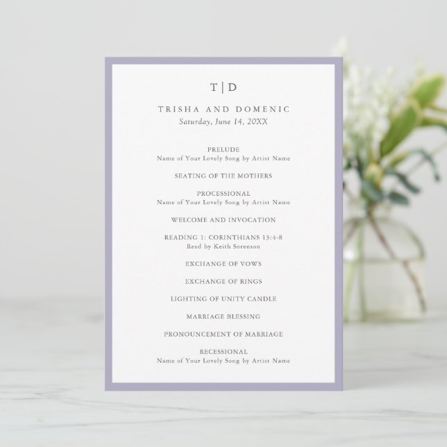 Elegant Lilac Monogram Modern Wedding Programm (Stehend Vorderseite)