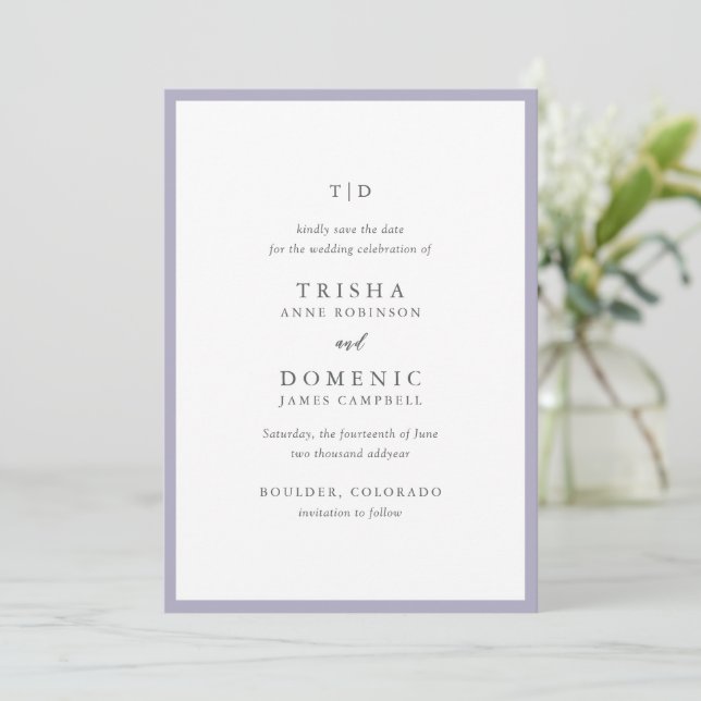 Elegant Lilac Monogram Modern Wedding Save The Date (Stehend Vorderseite)