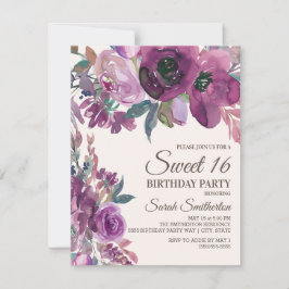 Elegant Lilac Plum Lila Blumenschrift Sweet 16 Einladung