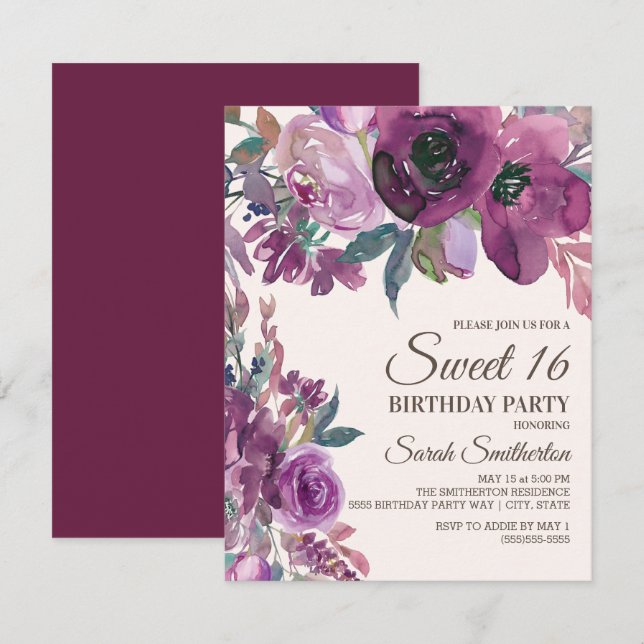 Elegant Lilac Plum Lila Blumenschrift Sweet 16 Einladung (Vorne/Hinten)