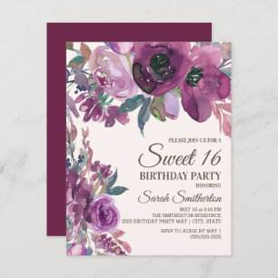 Elegant Lilac Plum Lila Blumenschrift Sweet 16 Einladung
