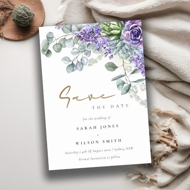 Elegant Lilac Succulent Eukalyptus Botanischer Bun Save The Date (Von Creator hochgeladen)