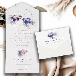 Elegant Lilac Watercolor Coastal Fish Wedding All In One Einladung