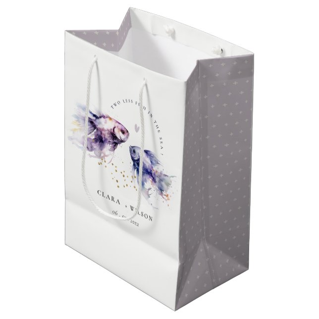Elegant Lilac Watercolor Coastal Fish Wedding Mittlere Geschenktüte (Vorderseite Schrägansicht)