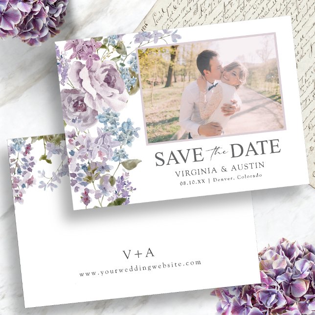 Elegant Lilac Wedding Foto Save The Date (Elegant Lilac Wedding Photo Save The Date Monogram on Back by Painted Paperie
)