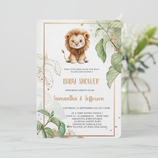 ELEGANT LION BABYSHOWER INVITATION EINLADUNG (Stehend Vorderseite)