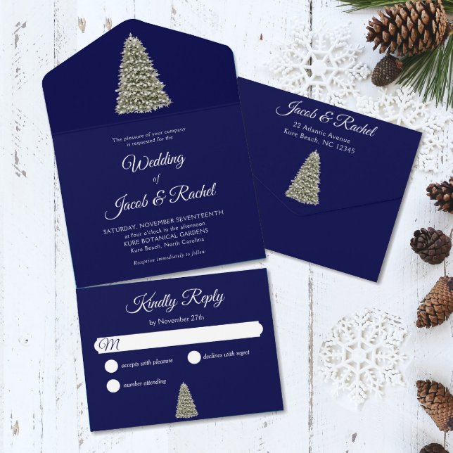 Elegant Lit Christmas Tree Midnight Blue Wedding All In One Einladung (Christmas tree on dark blue background rustic wedding all-in-one send-and-seal invitation.)