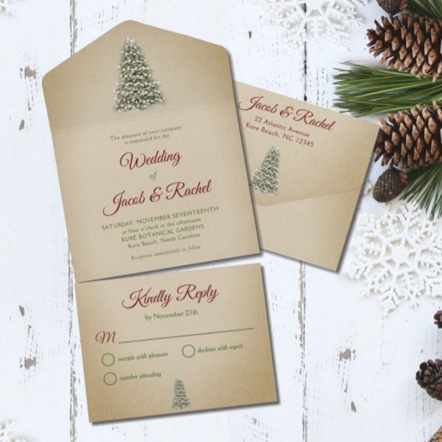 Elegant Lit Christmas Tree on Kraft Paper Wedding All In One Einladung (Von Creator hochgeladen)