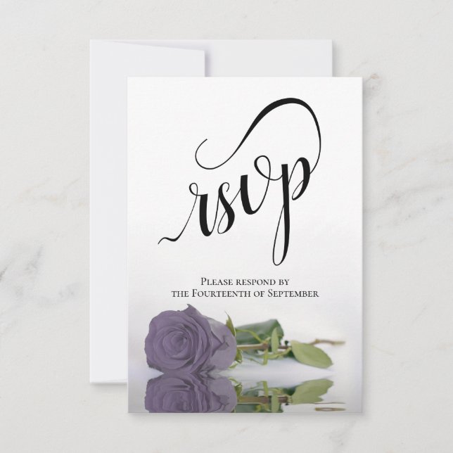 Elegant Long-Stemmed Dusty Purple Rose Wedding RSVP Karte (Vorderseite)