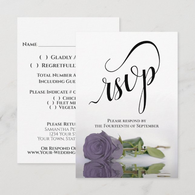 Elegant Long-Stemmed Dusty Purple Rose Wedding RSVP Karte (Vorne/Hinten)