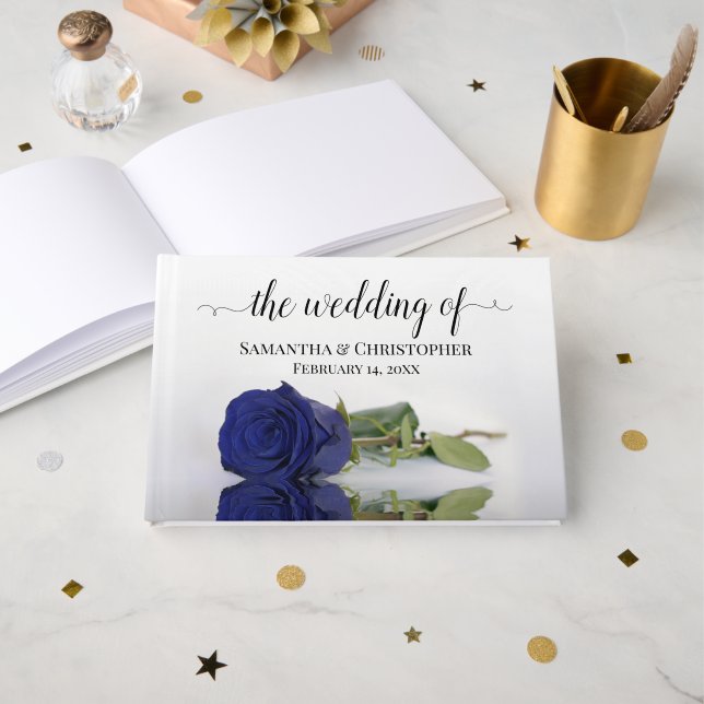 Elegant Long Stemmed Navy Blue Rose Hochzeit Gästebuch (Vorderseite Offen)