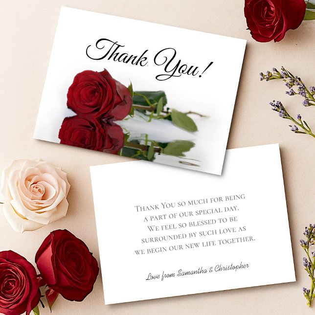 Elegant Long Stemmed Red Rose Simple Wedding Dankeskarte (Front/Back)