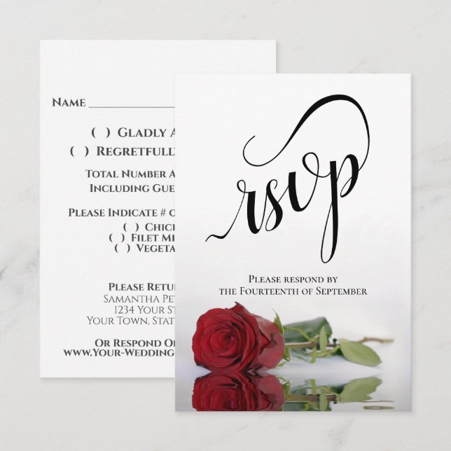 Elegant Long-Stemmed Red Rose Simple Wedding RSVP Karte (Vorne/Hinten)