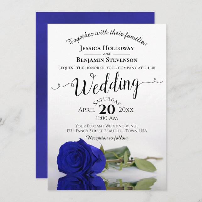 Elegant Long stemmed Royal Blue Rose Wedding Einladung (Vorne/Hinten)