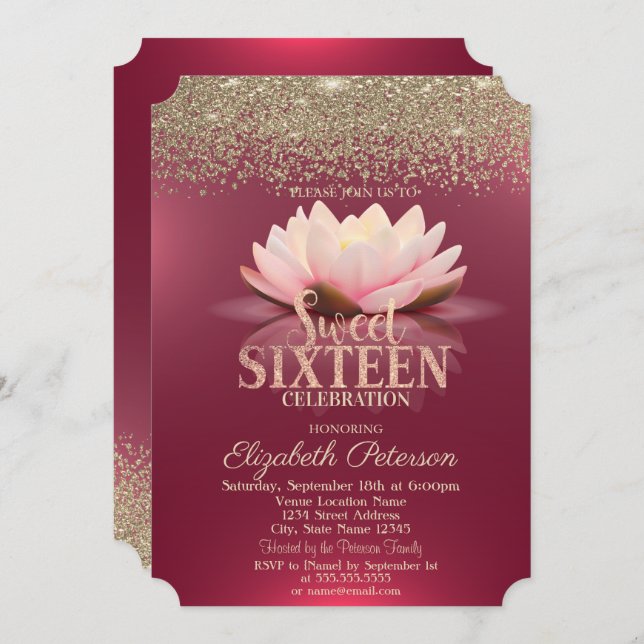 Elegant Lotus Gold Confetti Diamonds Red Sweet 16 Einladung (Vorne/Hinten)