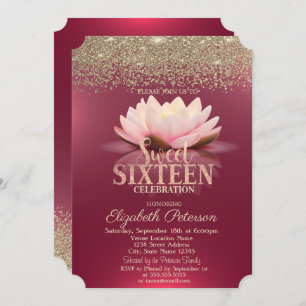Elegant Lotus Gold Confetti Diamonds Red Sweet 16 Einladung