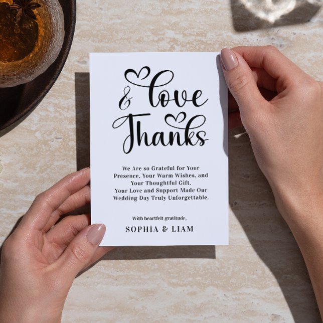 Elegant Love and Thanks Heart Script Wedding  Dankeskarte (Elegant Love and Thanks Heart Script Wedding Thank You Card black and white simple wedding heart )