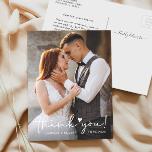 Elegant Love Heart Script Wedding Photo Thank You Postkarte