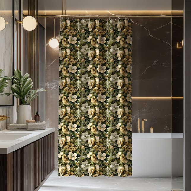 Elegant lush greenery and gold flowers curtain duschvorhang (Elegant lush greenery and gold flowers curtain)