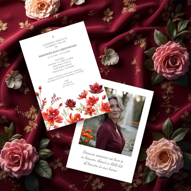 Elegant Lush Minimalist Floral In Dark Red Funeral Einladung (Elegant Lush Minimalist Floral In Dark Red Shades Funeral Invitations Cards with Back Photo. )