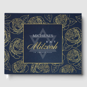 ELEGANT LUX NAVY GOLD ROSE FLORAL BAR BAT MITZVAH GÄSTEBUCH