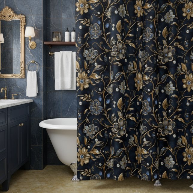 Elegant Luxe Mitternachtsblumen Duschvorhang (luxe elegant vintage navy gold floral shower curtain with maximalist bejeweled metallic flowers)