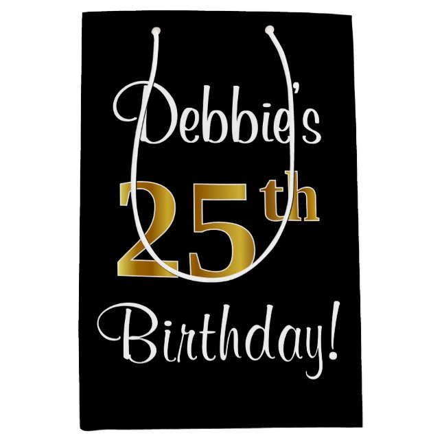 Elegant, luxuriös, Imitate Gold Look 25. Geburtsta Mittlere Geschenktüte (Vorderseite)