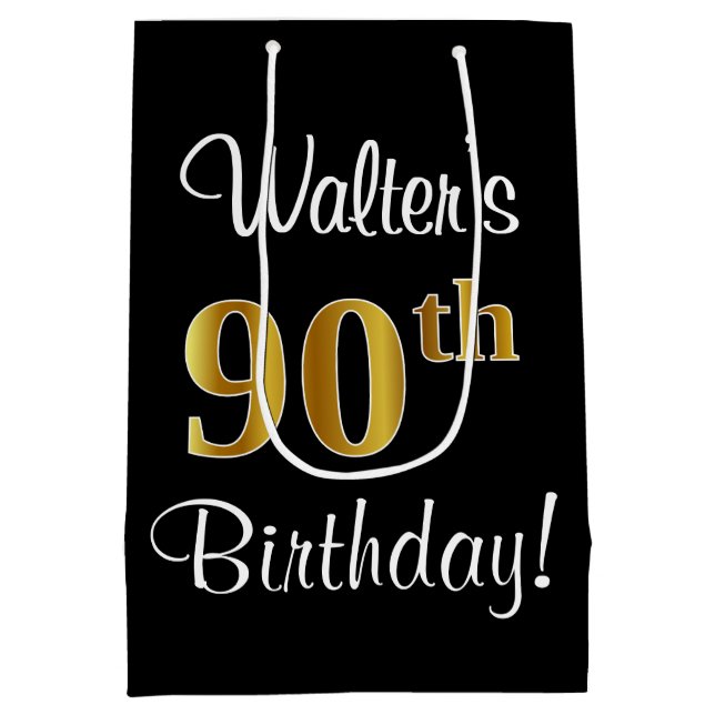 Elegant, luxuriös, Imitate Gold Look 90. Geburtsta Mittlere Geschenktüte (Rückseite)