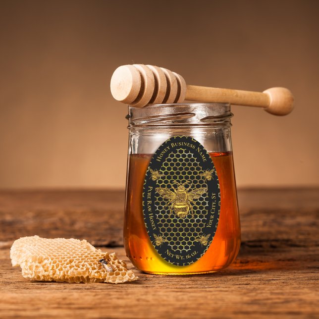 Elegant Luxurious Black Gold Queen Bee Honey Jar Ovaler Aufkleber (Von Creator hochgeladen)