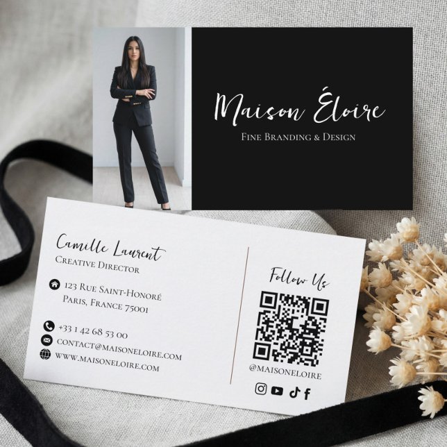 Elegant Luxury Black Modern Professional Photo Qr Visitenkarte (Elegant Luxury Black Modern Professional Photo Qr Business Card)