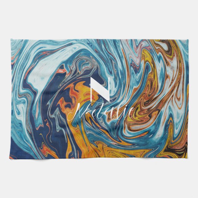 Elegant Luxury Blue Gold Monogram Geschirrtuch (Horizontal)