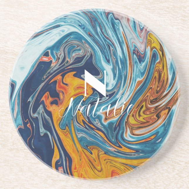 Elegant Luxury Blue Gold Monogram Getränkeuntersetzer (Vorne)