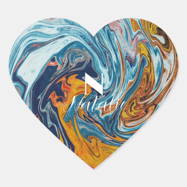 Elegant Luxury Blue Gold Monogram Herz-Aufkleber (Vorderseite)