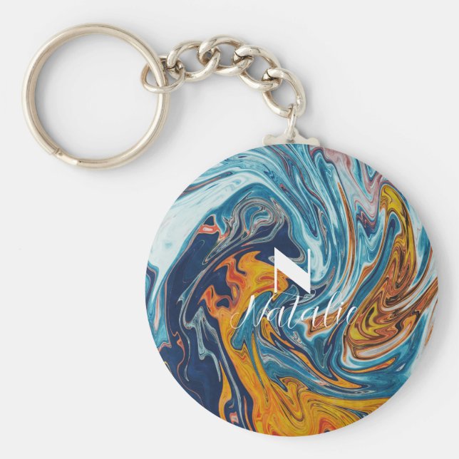 Elegant Luxury Blue Gold Monogram Schlüsselanhänger (Vorne)