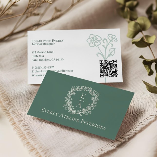 Elegant Luxury Boutique Floral Monogram Crest Logo Visitenkarte (Elegant Luxury Boutique Floral Monogram Crest Logo Business Card)