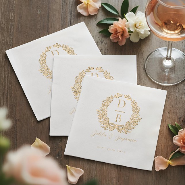 Elegant Luxury Floral Wreath Wedding Monogram Servietten Mit Folie (Elegant Luxury Floral Wreath Wedding Monogram Foil Napkins)