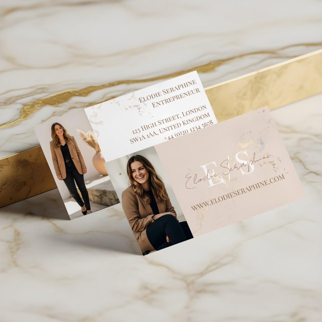 Elegant Luxury Gold Marble Script Monogram Photos Visitenkarte (Gold Marble Luxury Script Monogram Minimal Elegant Business Card)